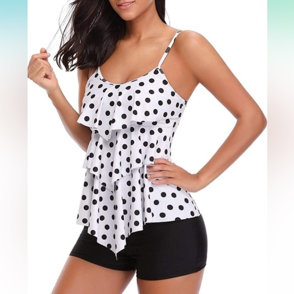 Holipick sz L black & white ruffled layered front tankini w boy shorts swimsuit